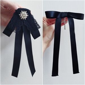 Set of 2 Black Ribbon Pins - Bejeweled Snowflake & Silver Cross